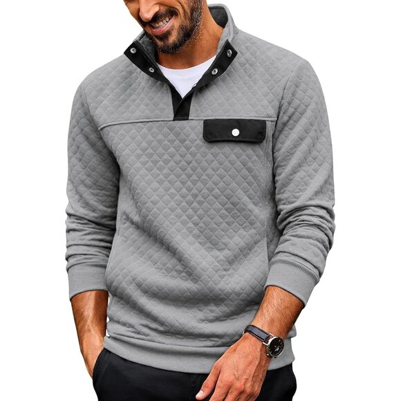 Men's Sweatshirt Quarter Button Pullover Sweatshirt Stand Collar Polo Light Grey - Picture 1 of 5